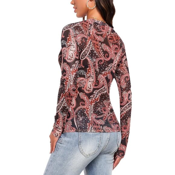 🆕Women Brown Floral Polyester Mesh Top  Crew  Neck Long Sleeve  See-Through Tee - Picture 5 of 6